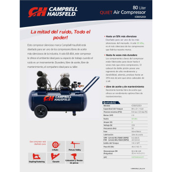 Compresor Libre De Aceite 2Hp 80L Campbell Hausfeld IC800520DI